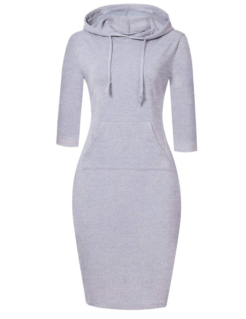 MISSKY Gray Dresses for Women 3/4 Sleeve Pocket Slim Casual Pullover Hoodie Dress (L,GreyWhite10#)