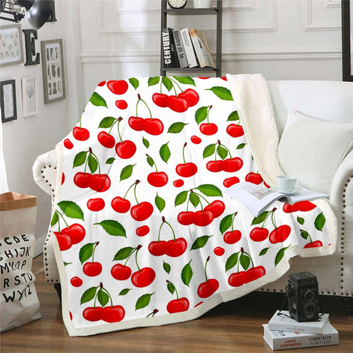 Fruit Plush Blanket Cherry Pattern Design Fleece Throw Blanket for Kids Boys Girls Green Garden Sherpa Blanket Red White Fuzzy Blanket for Sofa Bed Couch,Throw 50x60 Inches
