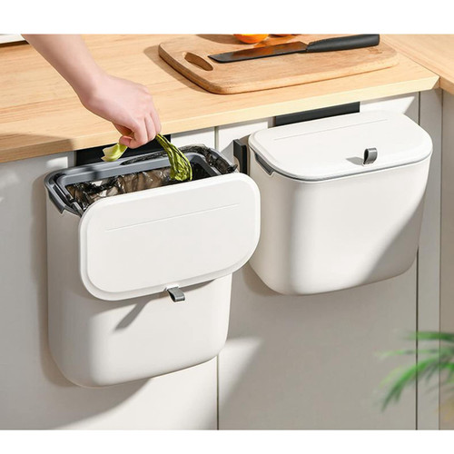 Kitchen Compost Bin, Hanging Trash Can with Lid for Under Sink or Cabinet Door, Plastic Garbage Can Compost Bin Wall Mounted for Cupboard, Bathroom, Bedroom (White, 1.8 Gallon)