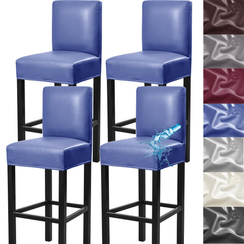 Bar Stool Covers,4 Pack Stretch Waterproof PU Bar Stool Covers with Backs Removable Bar Stool Chair Covers Basrstool Covers Slipcovers with Back Pub Counter Chair Covers with Elastic Bands Blue