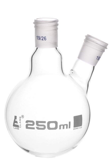 Distillation Flask with 19/26 Joints, 250ml Capacity, Two Necks, Interchangeable Screw Thread Joint, Borosilicate Glass - Eisco Labs