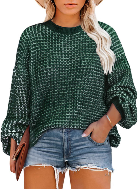Eytino Womens Plus Size Sweaters Crewneck Lantern Sleeve Loose Knit Pullover Jumper Tops,Green 2X