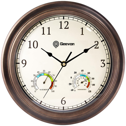 Geevon 14 Inch Retro Wall Clocks Battery Operated with Hygrometer and Thermometer Combo, Silent Wall Clock Non-Ticking Quartz Decorative for Kitchen Living Room School Bedroom