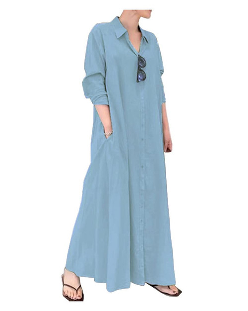 Ladyful Women's Casual Button Down Cotton Linen Long Shirt Dress Light Blue