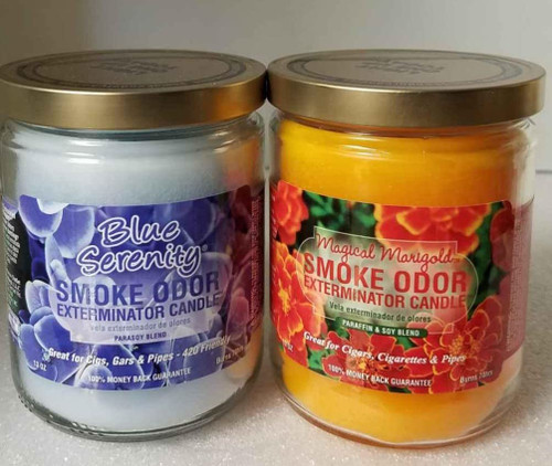 Smoke Odor Exterminator 13 oz Jar Candles Assortment Two Fragrances Bundle Blue Serenity/Magical Marigold.