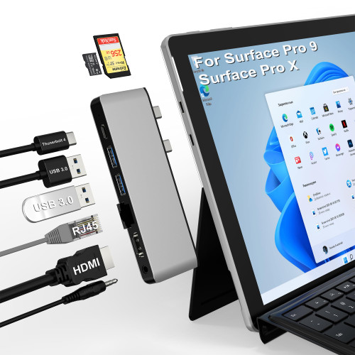 Surface Pro 9 Hub Docking Station with 4K HDMI, USB-C Thunderbolt 4 (8K@30Hz Video+40G Data+100W PD), 100M RJ45, 2 USB 3.0, SD/TF Card Slot, 3.5mm Audio, Triple Display for Surface Pro 9/Pro X
