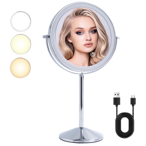 TUSHENGTU Rechargeable LED Vanity Mirror with 1x/7x Magnification - 3 Colors, Lights, and Magnified Reflection for Makeup Mirror(710C7X)