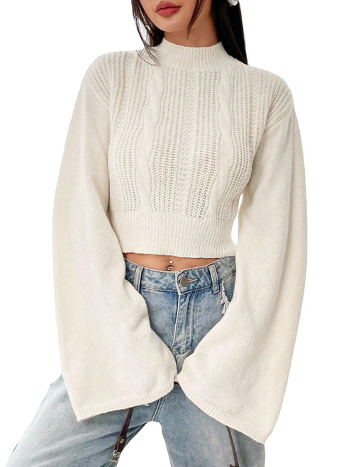 Verdusa Women's Mock Neck Bell Sleeve Crop Sweater Knit Pullover Tops Apricot M