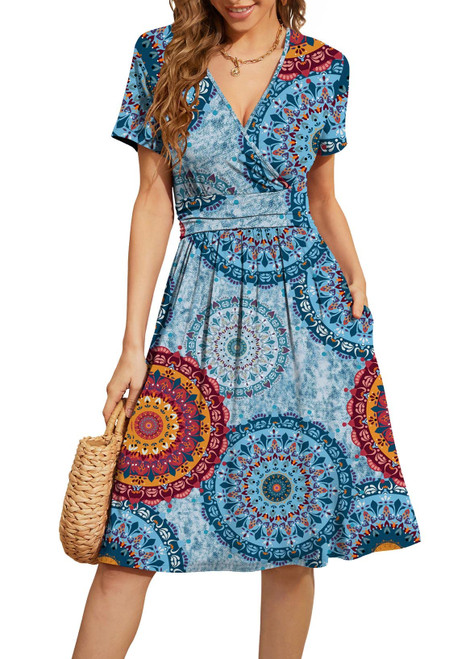 WEACZZY Womens Summer Dress Short Sleeve Casual Dresses V-Neck Floral Sundress with Pockets, Floral Mix Blue, Large WEACZZY Womens Summer Dress Short Sleeve Casual Dresses V-Neck Floral Sundress with Pockets, Floral Mix Blue, Large