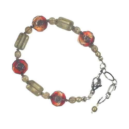 CariCat Designs Handmade Boho Chic Red Flower with Antiqued Czech Glass Beading Bracelet - Lobster Clasp and Extension Chain with Accent Beading