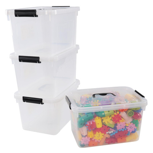 Doryh 10 L Plastic Lidded Storage Bin, Clear Latching Box with Handle, 4 Packs