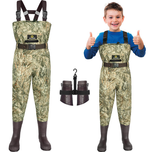 D DRYCODE Kids Waders with Boots, Waterproof Youth Waders for Toddler & Children, Nylon/PVC Chest Wader for Fishing/Hunting
