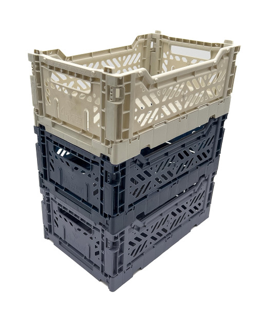 AYKASA 3-Pack Foldable Storage Bins, Plastic Crate for Storage, Collapsible Crate, Utility Stackable Box Small (Light Gray - Cobalt Blue - Navy)