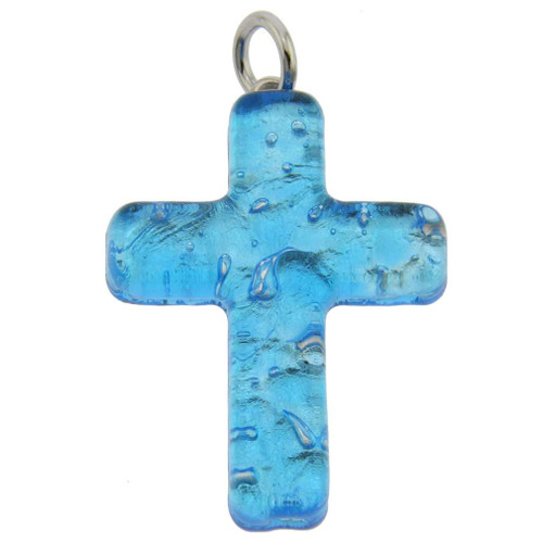 GlassOfVenice Murano Glass Venetian Reflections Cross Pendant - Aqua Silver