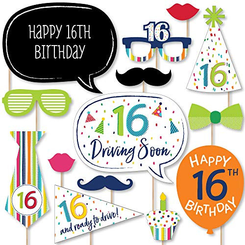 Big Dot of Happiness 16th Birthday - Cheerful Happy Birthday - Colorful Sweet Sixteen Birthday Party Photo Booth Props Kit - 20 Count