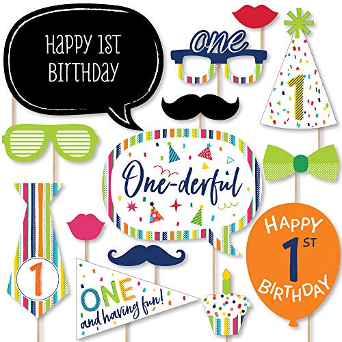 Big Dot of Happiness 1st Birthday - Cheerful Happy Birthday - Colorful First Birthday Party Photo Booth Props Kit - 20 Count