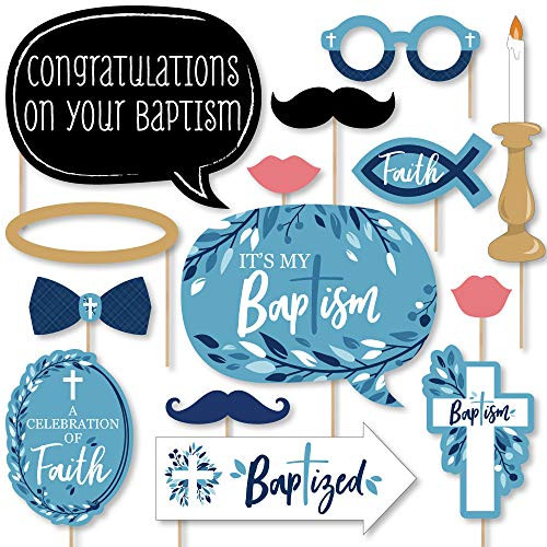 Baptism Blue Elegant Cross - Boy Religious Party Photo Booth Props Kit - 20 Count