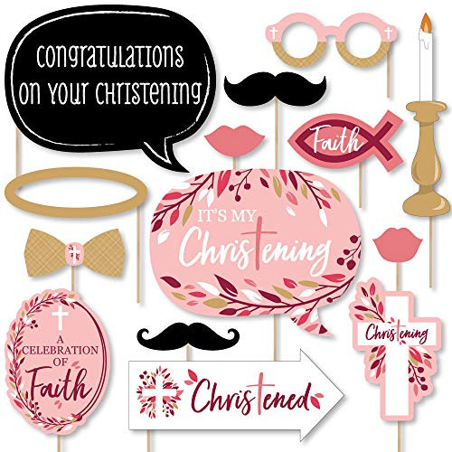 Christening Pink Elegant Cross - Girl Religious Party Photo Booth Props Kit - 20 Count