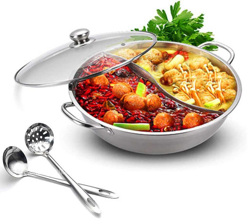 Shabu Shabu Hot Pot. 304 Premium Stainless Steel Hot Plate Cookware Set Ramen Cooker, Hot Pot Soup Base Korean BBQ Multi Cooker Stainless Steel Pot Set, 11"(28cm) Pot with Divider