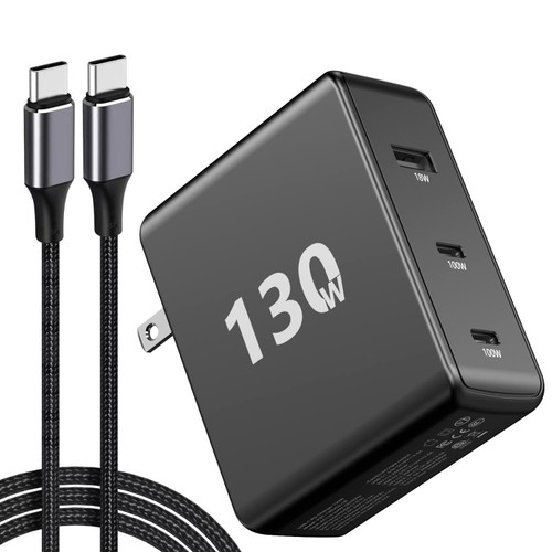 130W USB C Charger, 3 Ports 100W GaN Charger PD Fast 100W Wall Charger USB-C Power Adapter for MacBook Pro/Air, iPad, iPhone 14 13 12, Galaxy S22/S21, Type C Laptop