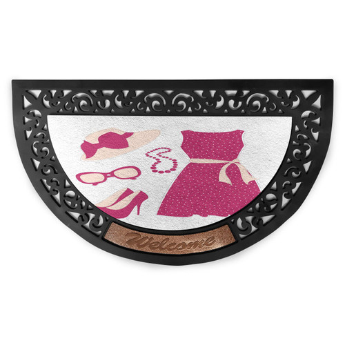 Ambesonne Fashion Doormat, Pastel Colored Dress Hat with a Ribbon High Heels and Necklace Woman Clothing, Semi Circle Entryway Welcome Mat for Front & Backard 2 Pieces, 19.6" x 31.4", Pale Peach Pink