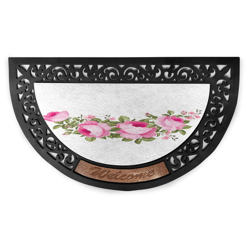 Ambesonne Vintage Pink Floral Doormat, Love Peonies Blossom Pastel Spring Leaves on Plain Background, Semi Circle Entryway Welcome Mat for Front & Backard 2 Pieces, 19.6" x 31.4", Pale Olive Green