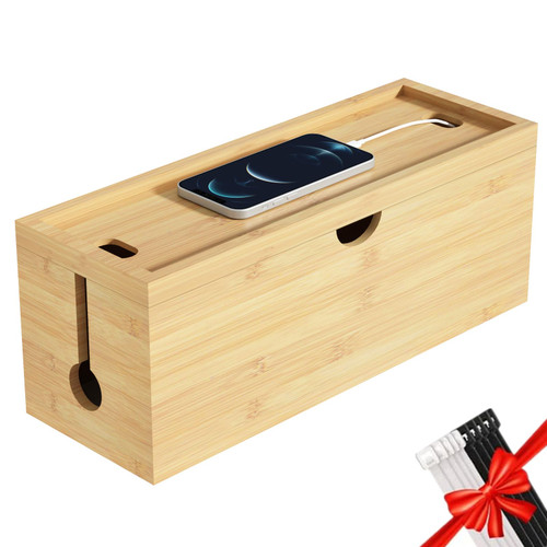 Bamboo Cable Management Box, Large Cord Organizer Box Cable Box to Hide Wires & Power Strips for Desktop Storage Cord Holder for Office Home,No Assembley Required