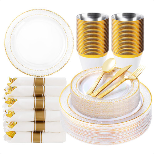 Bestluck 175PCS Clear Plastic Plates with Gold Trim for 25 Guests, Disposable Dinnerware Set for Party, Includes 50 Plastic Plates, 25 Pre Rolled Napkins with Gold Silverware, 25 Cups