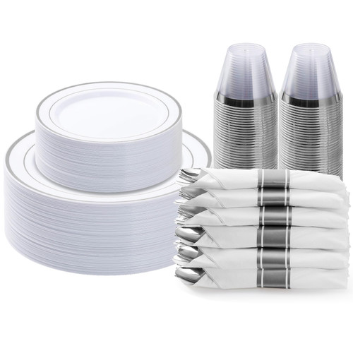 BESTVIP 175PCS Silver Plastic Dinnerware Set, Disposable Party Plates for 25 Guests, Include: 50 Plastic Plates, 25 Pre Rolled Napkins with Silver Silverware, 25 Cups