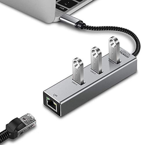 JAVONTEC USB C to Ethernet Adapter, USB 3.1 Type-C to 3 Port USB 3.0 Hub with RJ45 10/100/1000 Gigabit Ethernet LAN Wired Network Converter Compatible MacBook, Surface Go, HP Spectre and More
