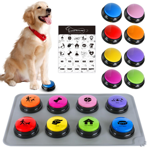 Dog Buttons for Communication Starter Pack, 8 Color Dog Talking Button Set, 30 Seconds Voice Recordable Button Pet Training Buzzer with Dog Button Mat & 25 Scene Stickers for Pets Training Toy Games