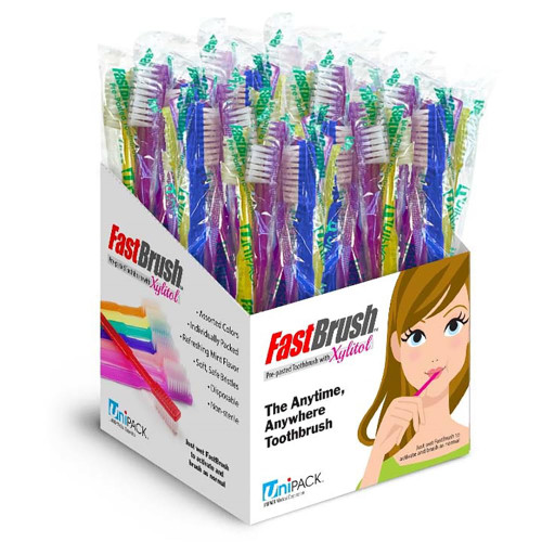ERAFINE 100pcs Disposable Toothbrushes Single-use FastBrush Pre-Pasted Toothbrush in Dispenser Box Individual Wrapped Xylitol Mint