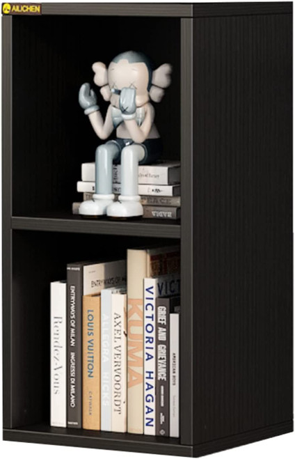 MIN WIN Small Bookshelf, 2 Shelf Bookshelf Bookcase, 2-Tier Wooden Cube Storage Shelf Organizer, 2-Tier Open Shelf Bookcase Bookshelf, Small Nightstand, Small Spaces, Black Small Bookshelf