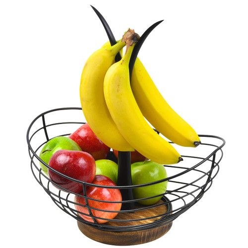 Modern Farmhouse Fruit Basket with Banana Holder for Kitchen Counter, Vintage Wire and Wooden Base Fruit Bowl & Banana Hanger for Kitchen Countertop Decor, Banana Tree & Fruit Stand