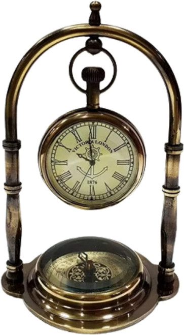 NEW AGE KRAFTZ Nautical Clock Ship Table Clock Brass Desk Clock Maritime Brass Compass with Antique Victoria London Pocket Watch
