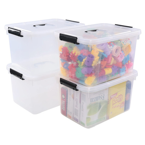 Parlynies 10 L Plastic Medium Storage Container, Clear Latch Bin with Handle and Lid, 4-Pack