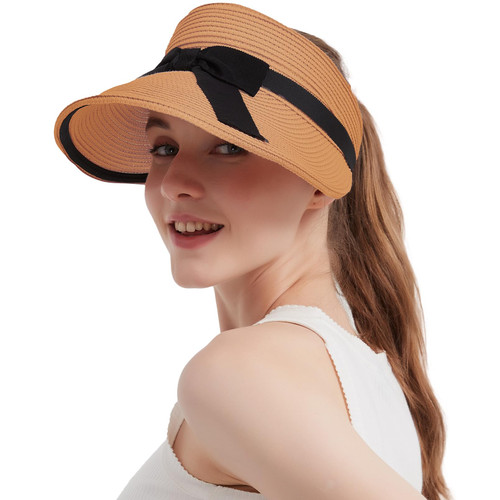 ProtectX Women's Sun Visor Hats, Wide Brim Straw Beach Cap Ponytail Hat, Compact Rolled-Up Foldable Travel Summer Beach Hat with UV Protection, Khaki ProtectX Women's Sun Visor Hats, Wide Brim Straw Beach Cap Ponytail Hat, Compact Rolled-Up Foldable Travel Summer Beach Hat with UV Protection, Khaki
