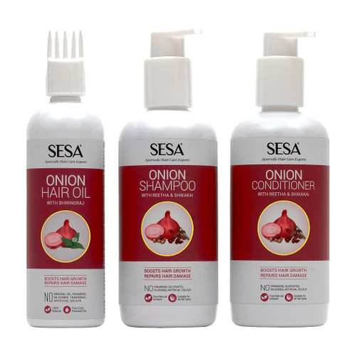 sesa Ultimate Onion Anti-Hair Fall Combo For Complete Hair Care| Onion Oil - 200Ml + Onion Shampoo - 300Ml + Onion Conditioner - 300 ml Medium Size