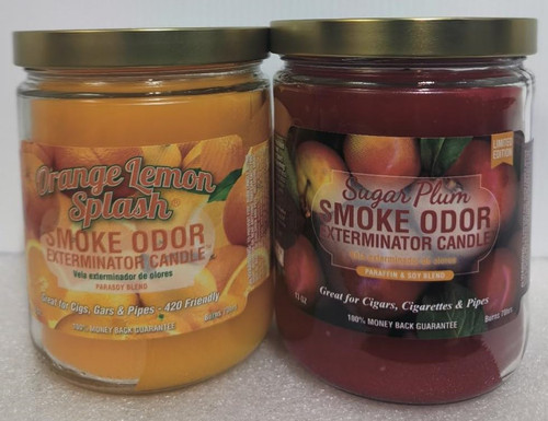 Smoke Odor Exterminator 13oz Jar Candle, Orange Lemon Splash 2 Pack. Includes Orange Lemon Splash & Sugar Plum.