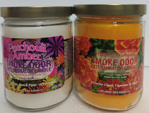 Smoke Odor Exterminator 13oz Jar Candle,Patchouli Amber & Magical Marigold Set of 2 Candles.