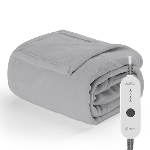 Sunbeam Electric Heated Throw Blanket Nordic Premium Plush with 4 Heat Settings Controller, Auto Shut-Off, Machine Washable UL Certified 50" x 60" (Grey)