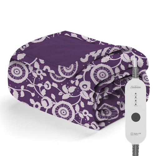 Sunbeam Electric Heated Throw Blanket Nordic Premium Plush with 4 Heat Settings Controller, Auto Shut-Off, Machine Washable UL Certified 50" x 60" (Purple Floral)
