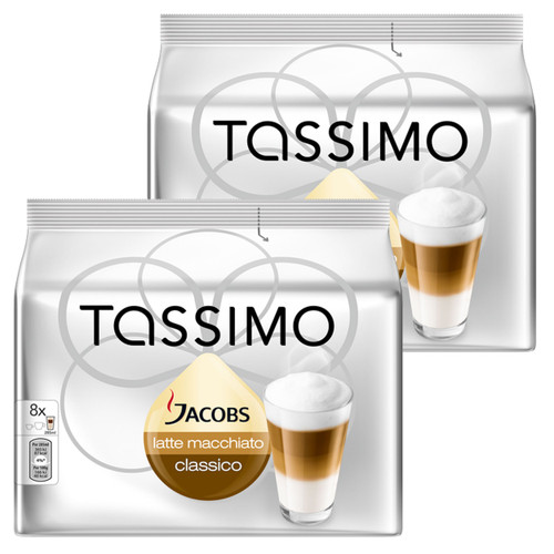 Tassimo Jacobs Latte Macchiato, Rainforest Alliance Certified, Pack of 2, 2 x 16 T-Discs (8 Servings) Tassimo Jacobs Latte Macchiato, Rainforest Alliance Certified, Pack of 2, 2 x 16 T-Discs (8 Servings)