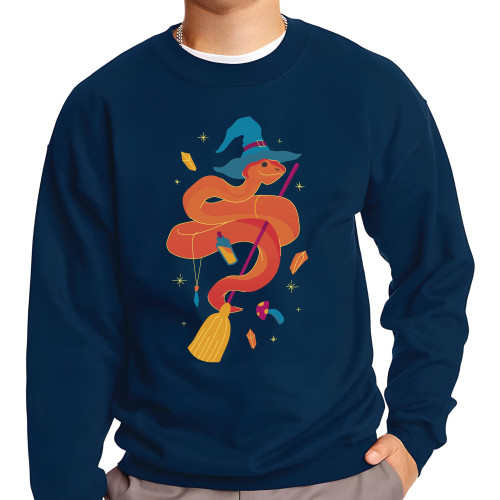 Halloween Gift for Kids Orange Snake with Witch Hat Flying on Broom Black Muticolor Unisex Sweatshirt
