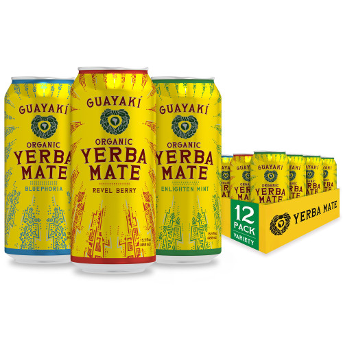 Guayaki Yerba Mate, Clean Energy Drink Alternative, Organic Variety Pack (Enlighten Mint, Revel Berry, Bluephoria), 15.5oz (Pack of 12), 150mg Caffeine
