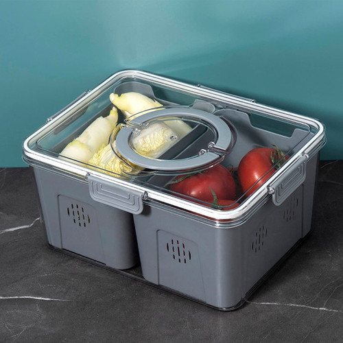 Refrigerator Organizer Bins, Stackable Refrigerator Organizer Bins, Plastic Storage Containers with Drain Baskets & Lid, Fridge Organizer for Fruits, Vegetable, Food, Drinks-grey/Two compartments