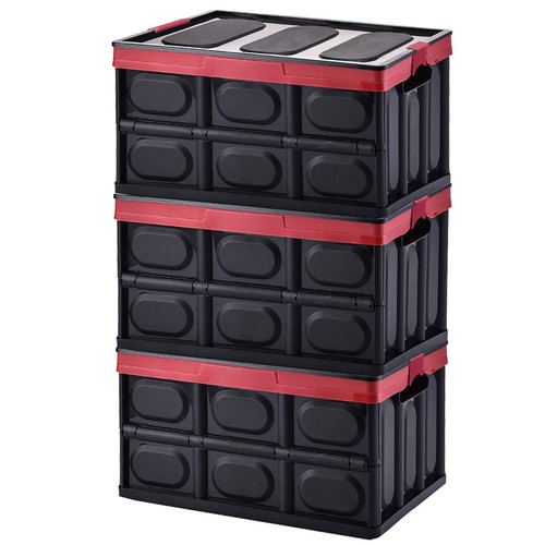 Lidded Storage Bins 3 Pack 30L Collapsible Storage Box Crates Plastic Tote Storage Box Container Stackable Folding Utility Crates for Clothes, Toy, Books,Snack, Shoe, and Grocery Storage Bin-Black