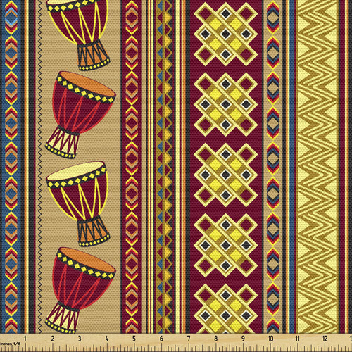 Ambesonne African Fabric by The Yard, Oriental Djembe Drums Music Culture in Theme Geometric Chevrons Triangles, Decorative Fabric for Upholstery and Home Accents, 3 Yards, Yellow Ruby