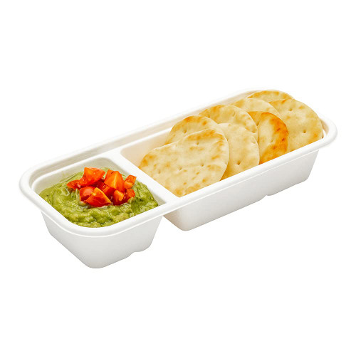 Pulp Tek 17 Ounce Take Away Food Containers, 100 Disposable Take Out Containers - With 2 Compartments, Microwavable, White Bagasse Catering Food Containers, Freezable, Lids Sold Separately