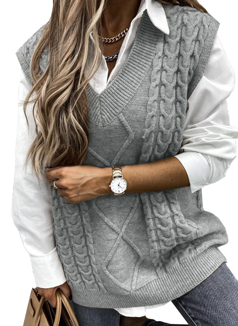EVALESS Womens Plus Size Grey Sweater Vest V Neck Sleeveless Sweaters for Women Cable Knit Solid Color Tops Loose Casual Soft Sweater Large